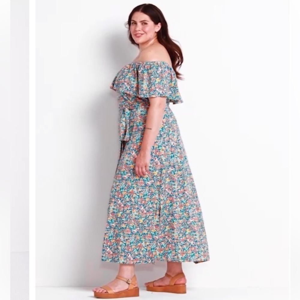 New Lane Bryant Convertible Off the Shoulder Maxi Dress Floral Blue Orange 18-20 - Picture 3 of 14